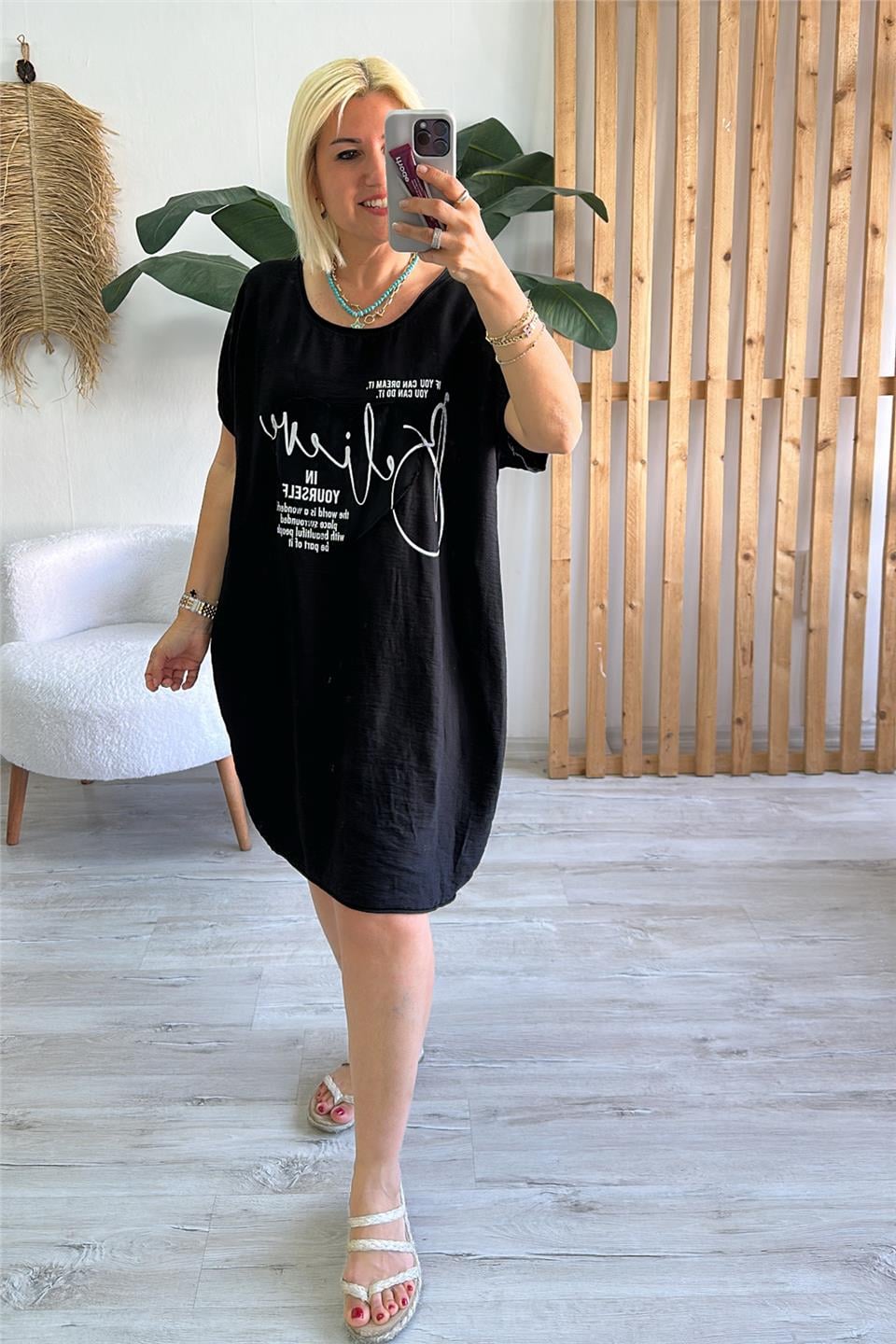 Siyah Bisiklet Yaka Baskılı Ön Cotton Sırt Penye ElbiseELB2401281-SIYAH-STD