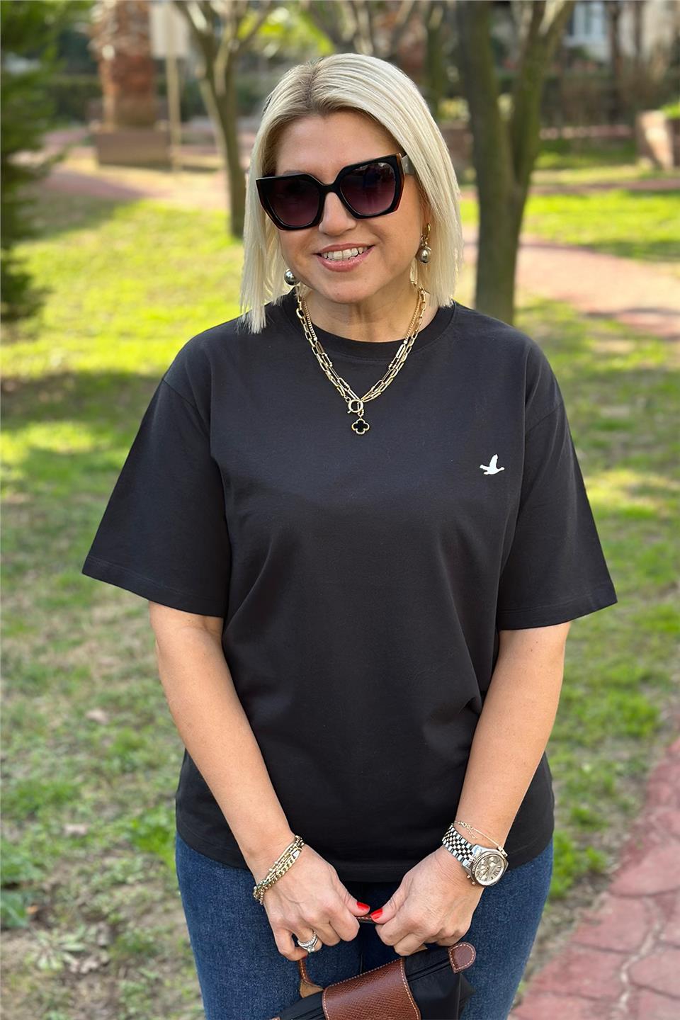 Siyah Bisiklet Yaka Kuş Baskılı TshirtUTS241135-SIYAH-S