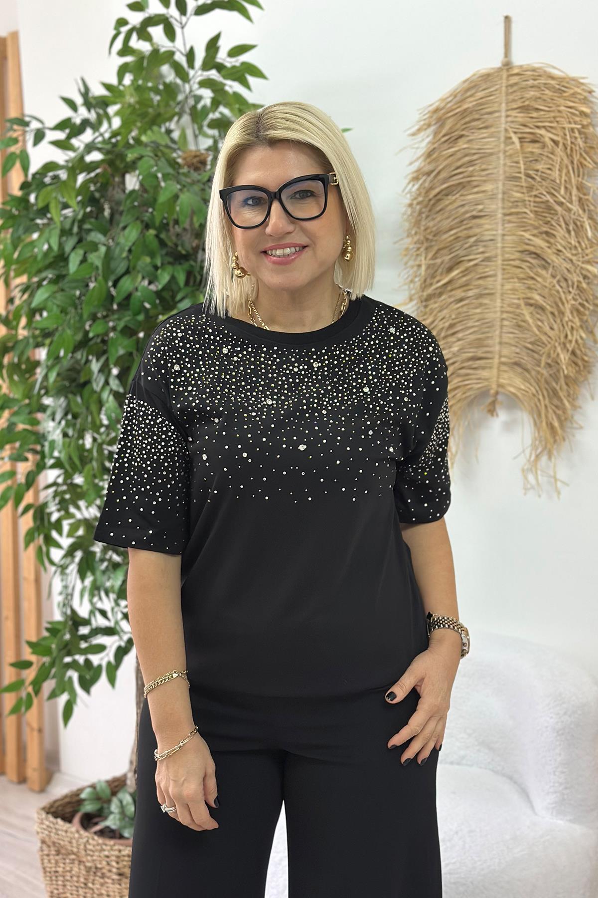 Siyah Bisiklet Yaka Taş Baskılı TshirtUTS25002051-SIYAH-S