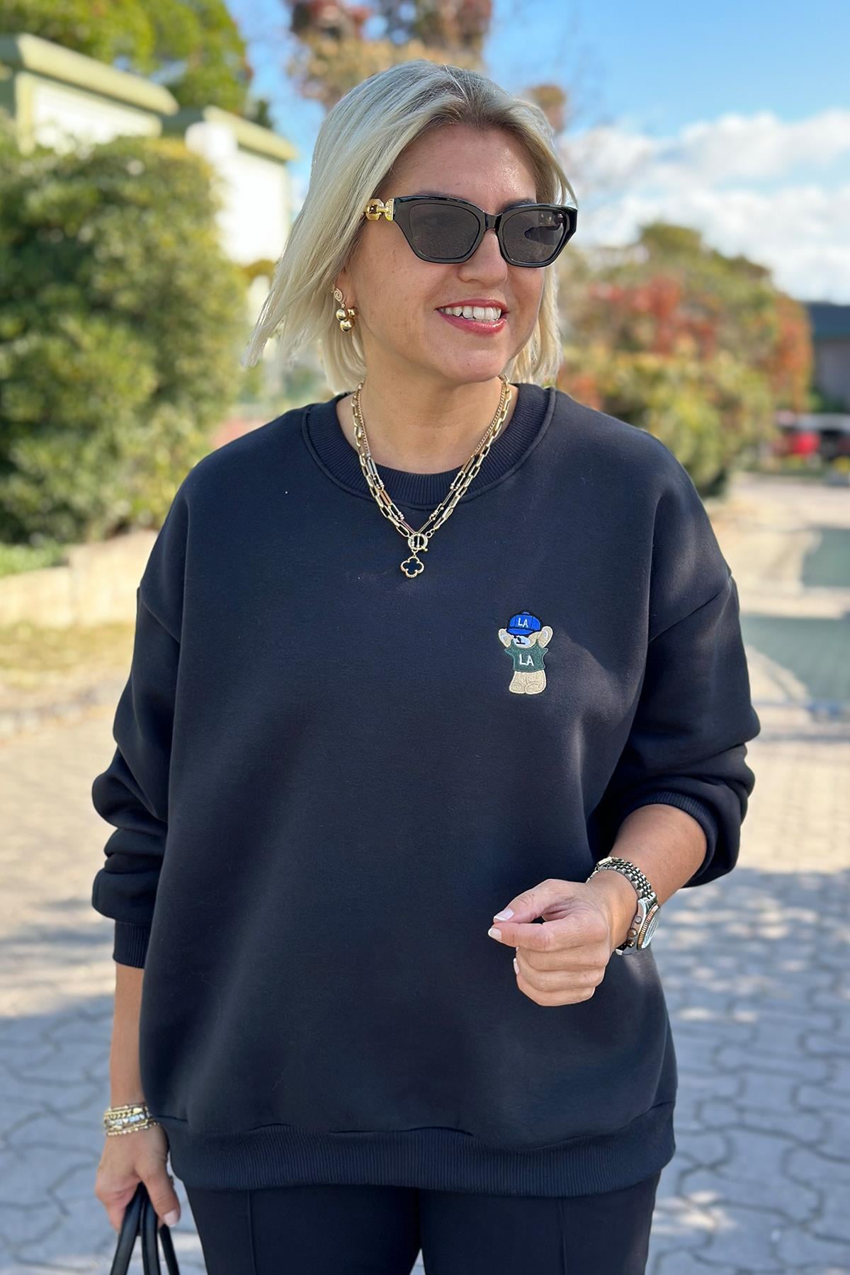 Siyah Bisiklet Yaka Teddy Nakışlı 3 İplik Şardonlu SweatshirtUK2250143-SIYAH-STD