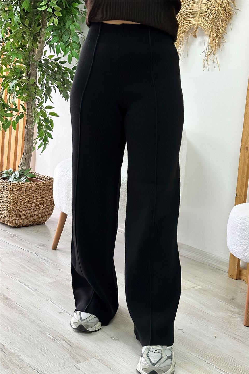 Siyah Bol Paça Önden Dikişli Triko TantolonUK224048112-SIYAH-STD