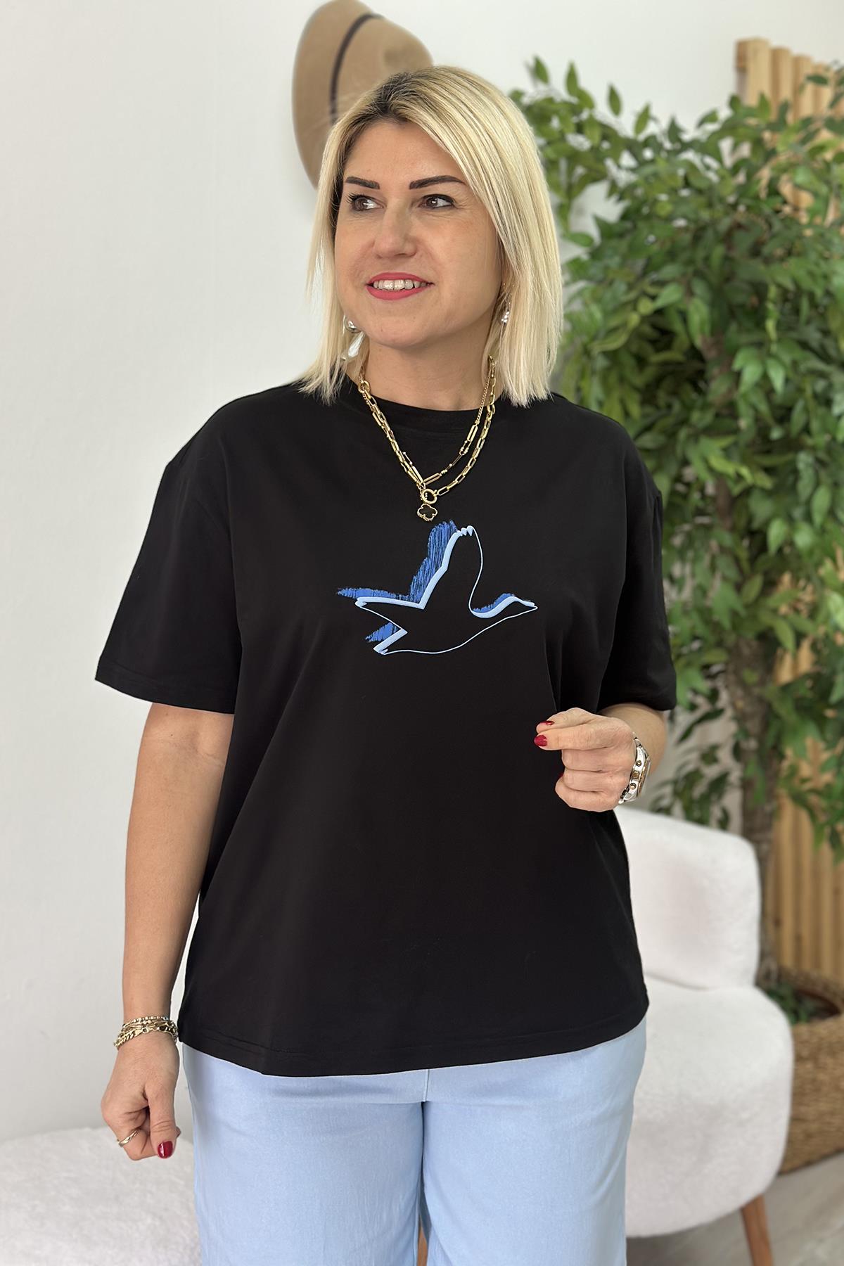 Siyah Çift Renk Kuş Baskılı Cotton TShirtUTS25002061-SIYAH-S