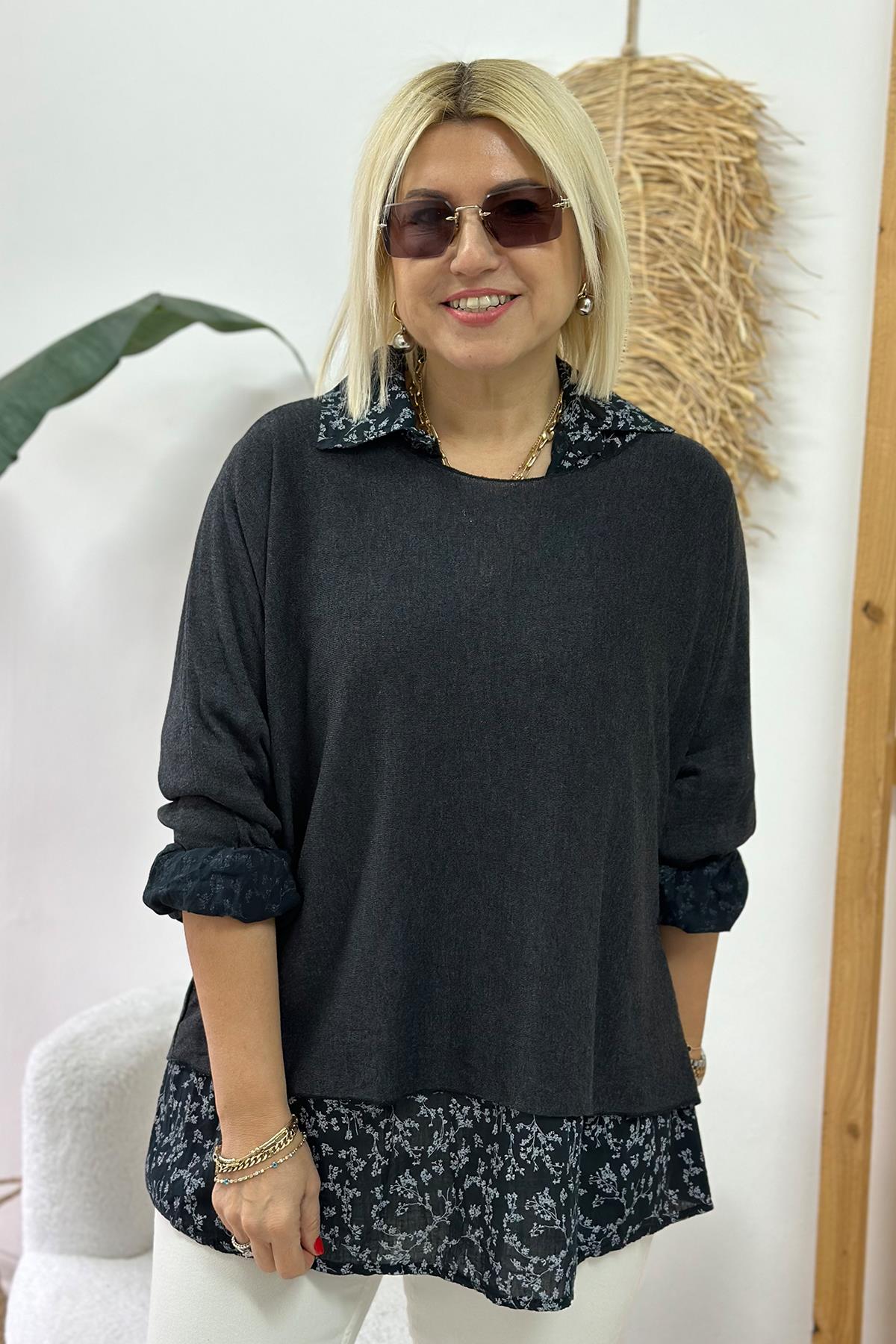 Siyah Gömleği Desenli Cotton BluzUBL2412232-SIYAH-STD