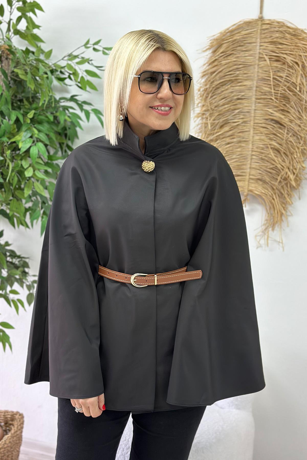 Siyah Hakim Yaka Kemerli Pelerin CeketCKT2500123-SIYAH-SM