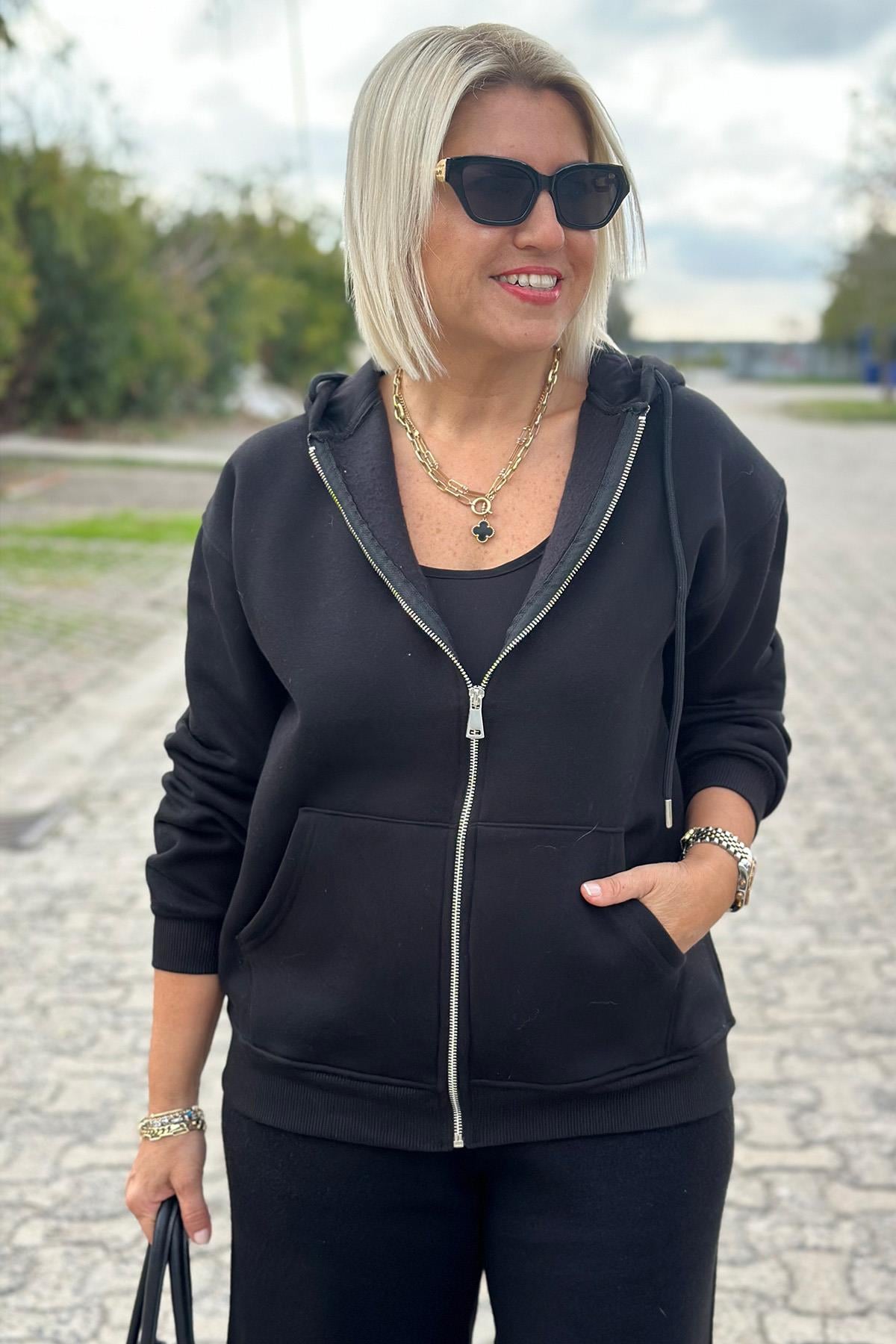 Siyah Kapşonlu Kanguru Cep Sweat HırkaUK2250146-SIYAH-S