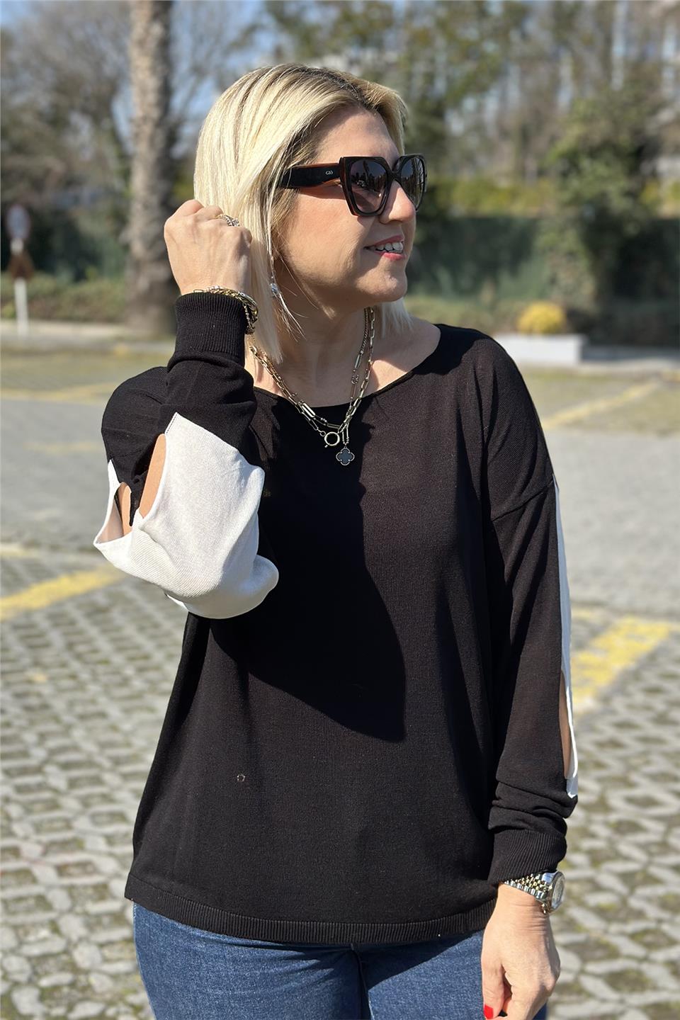 Siyah Kayık Yaka Kolları  Detaylı İnce TrikoUT24110974-SIYAH-STD
