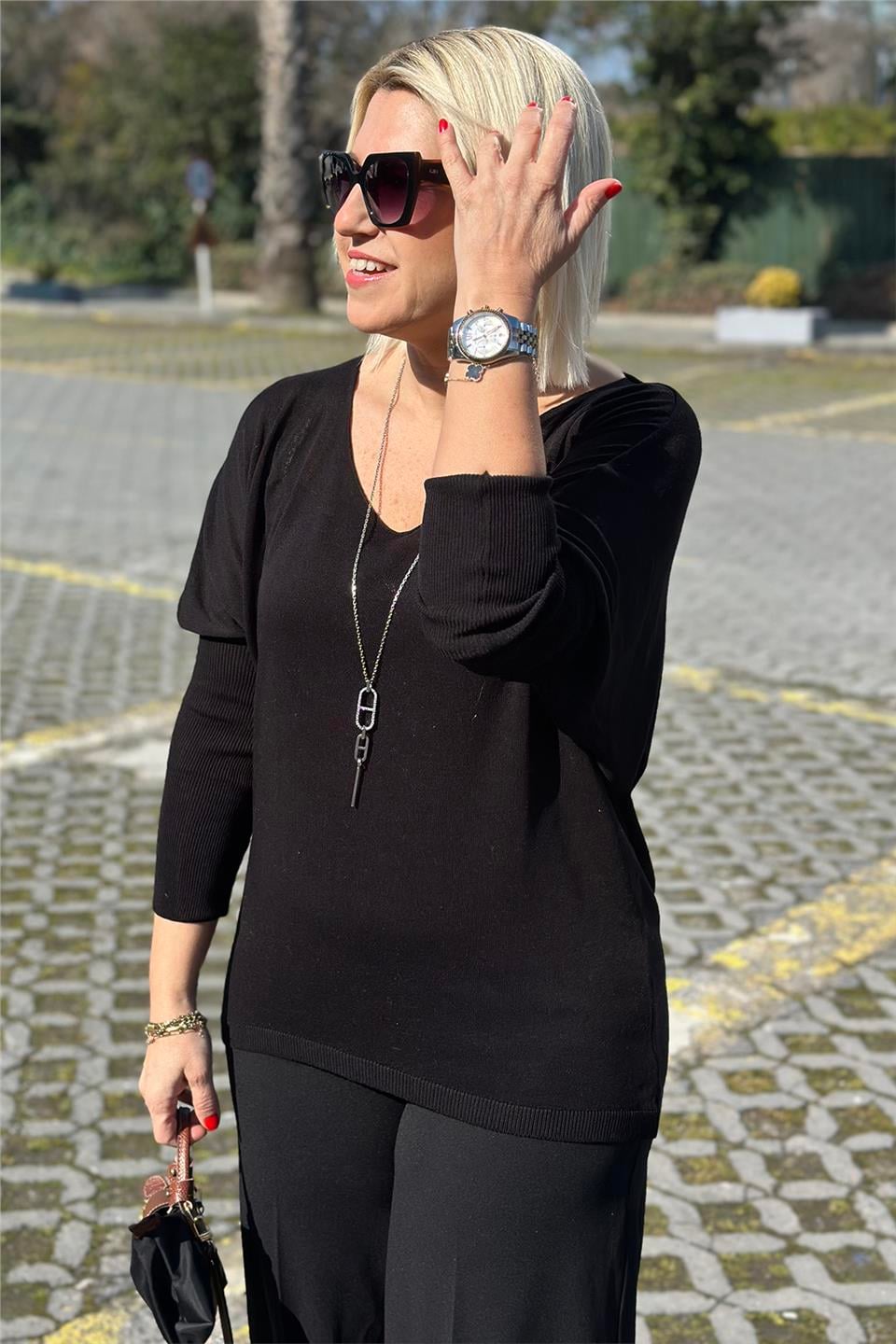 Siyah Kayık Yaka Yarasa Kol İnce TrikoUT24110975-SIYAH-STD