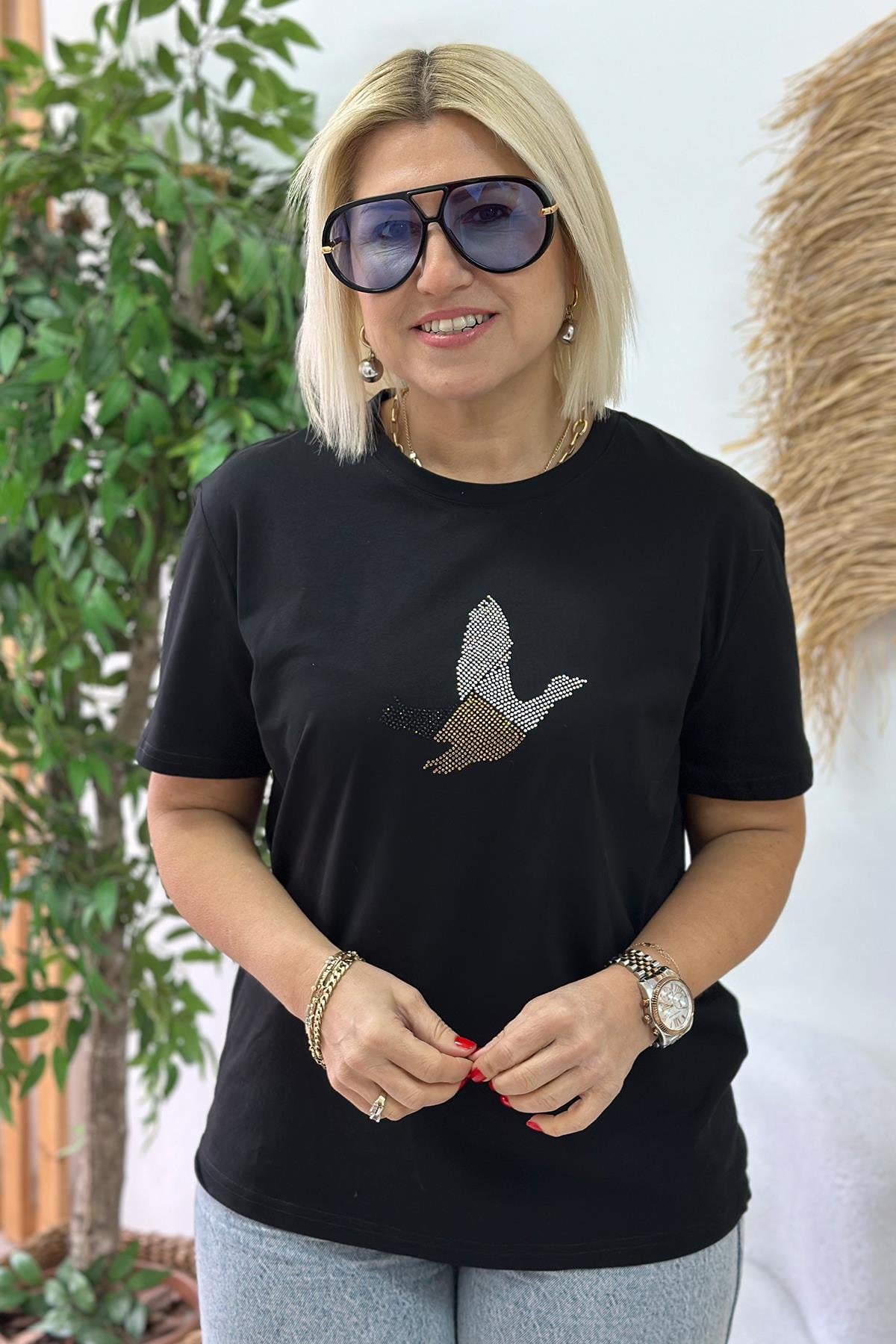 Siyah Kuş İşlemeli Çift Renk Baskı TshirtUTS25002054-SIYAH-S
