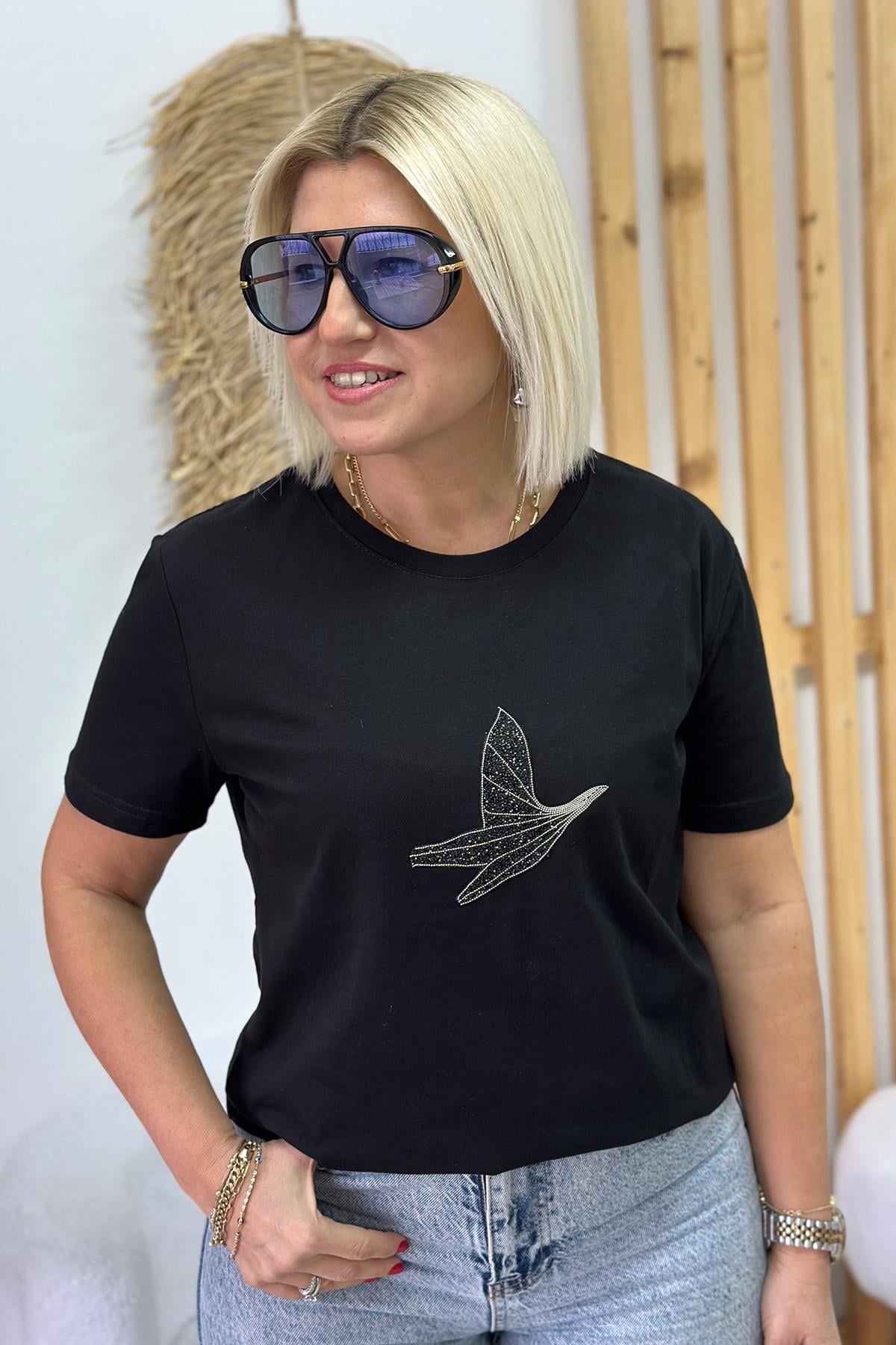 Siyah Kuş İşlemeli Gümüş Taşlı TshirtUTS25002055-SIYAH-S