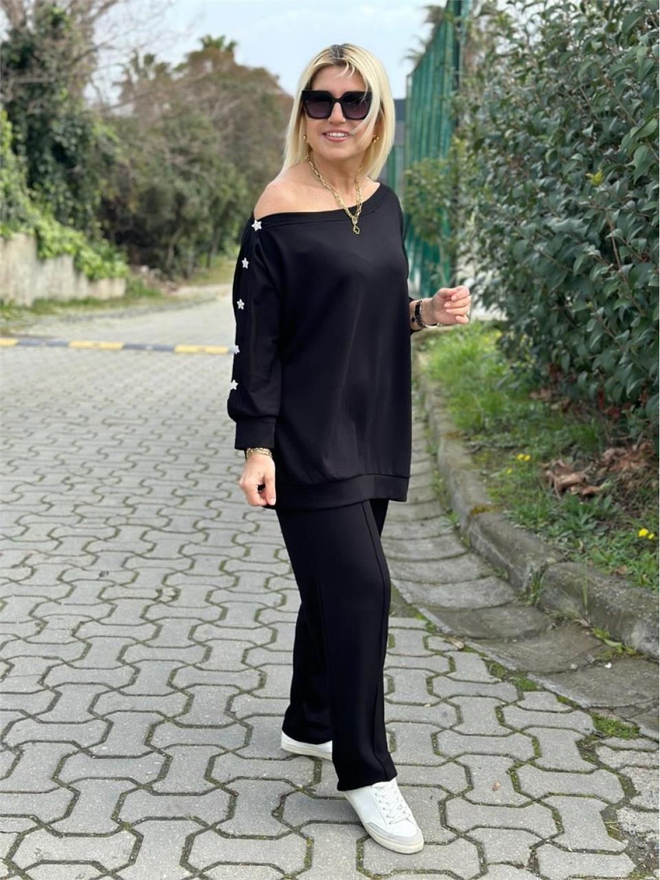 Siyah Omuz Detay Taşlı Viskon Penye Takım UK2260354-Siyah