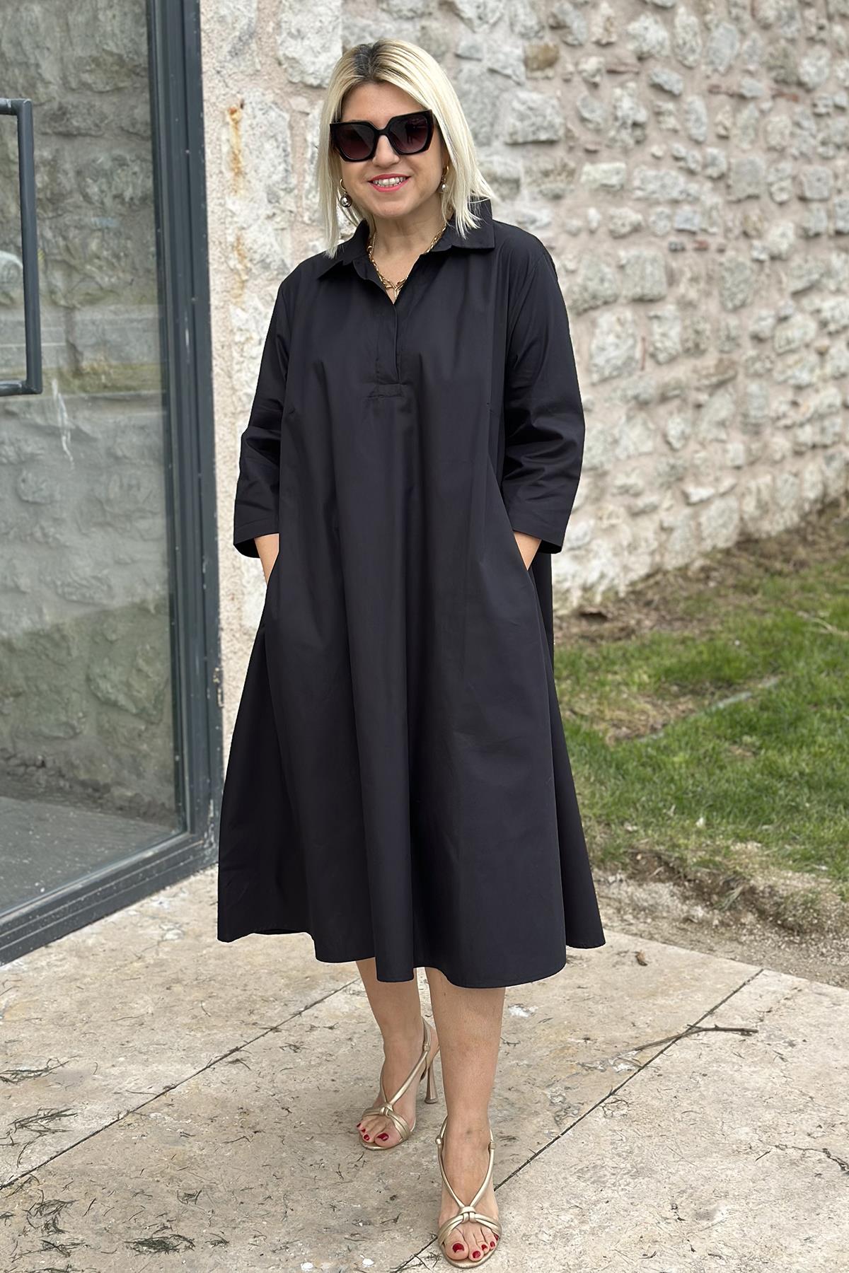 Siyah Polo Yaka Salaş Cotton Çift Cepli ElbiseELB2401230-SIYAH-S