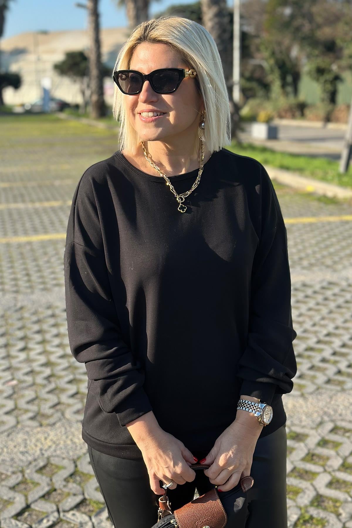 Siyah Sırtı Zincir Detay Modal SweatshirtUSW0243012-SIYAH-S