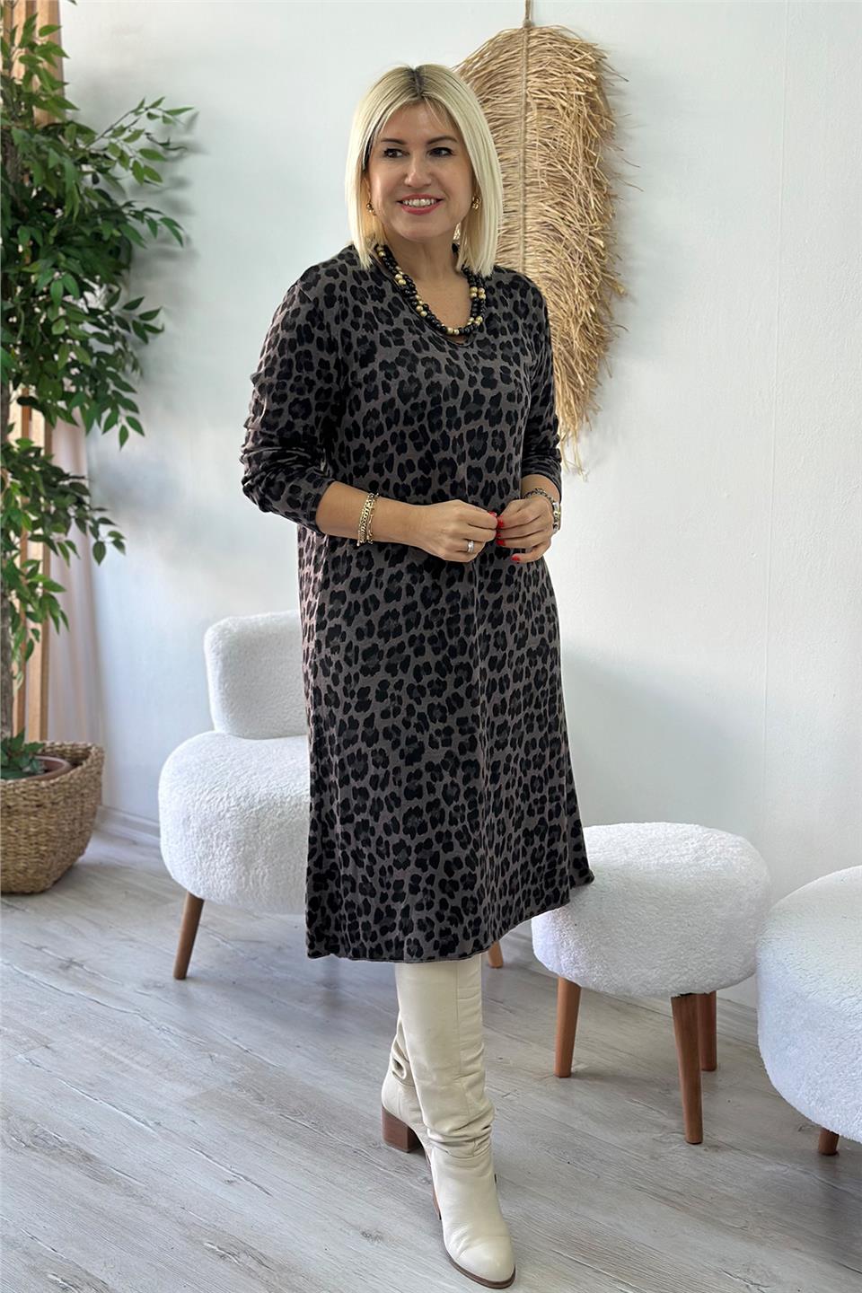 Siyah V Yaka Leopar Desen Triko ElbiseELB2401213-SIYAH-STD