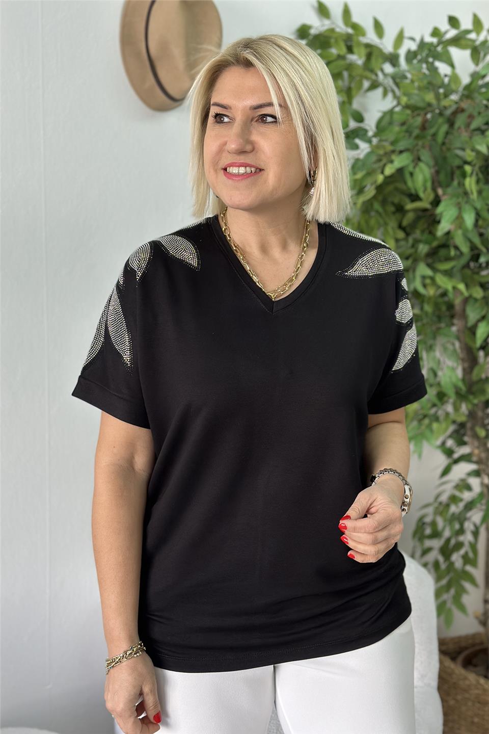 Siyah V Yaka Yaprak Desen Taş Baskılı Penye TShirtUTS25002064-SIYAH-M/L