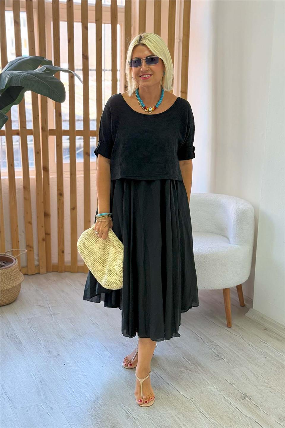Siyah Verev Kesim Pamuk Askılı İçi Astarlı Belerolu ElbiseELB2401347-SIYAH-STD