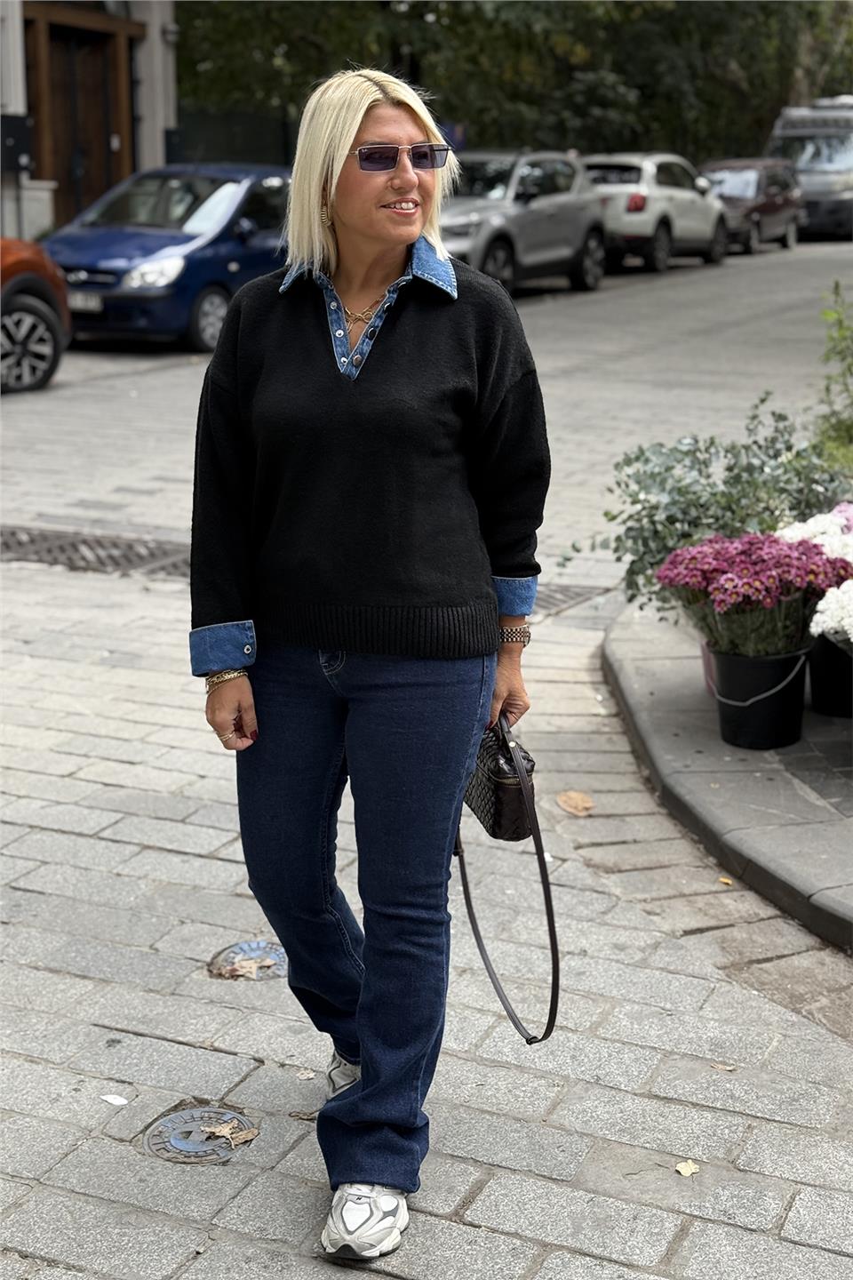 Siyah Yaka ve Kol Denim Garnili Polo Yaka KazakUT24110991-SIYAH-STD
