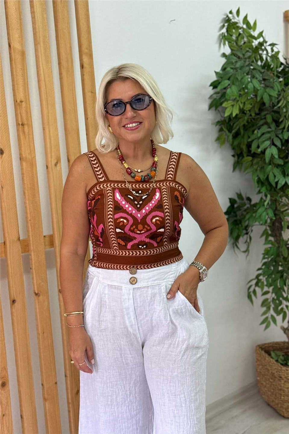 Tarçın Etnik Desen Sıfır Kol BluzUBL2412278-TARCIN-STD