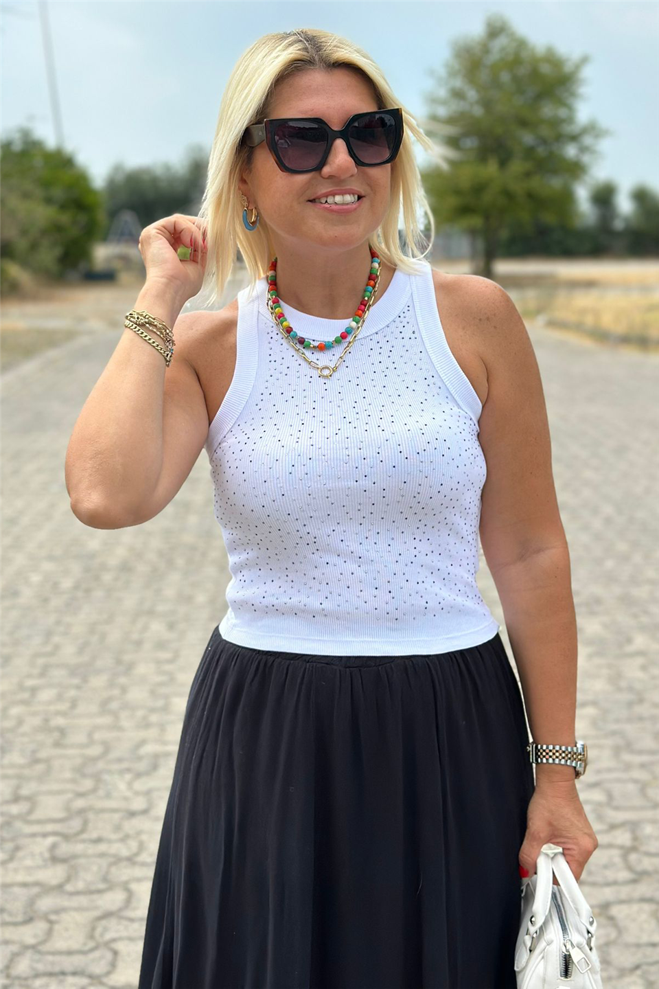 Taş Baskılı Beyaz Crop AtletUY211022-BEYAZ-S