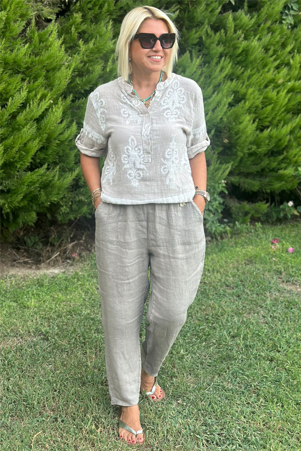 Taş Beli Kemer Detaylı Keten PantolonAK224047-TAS-STD