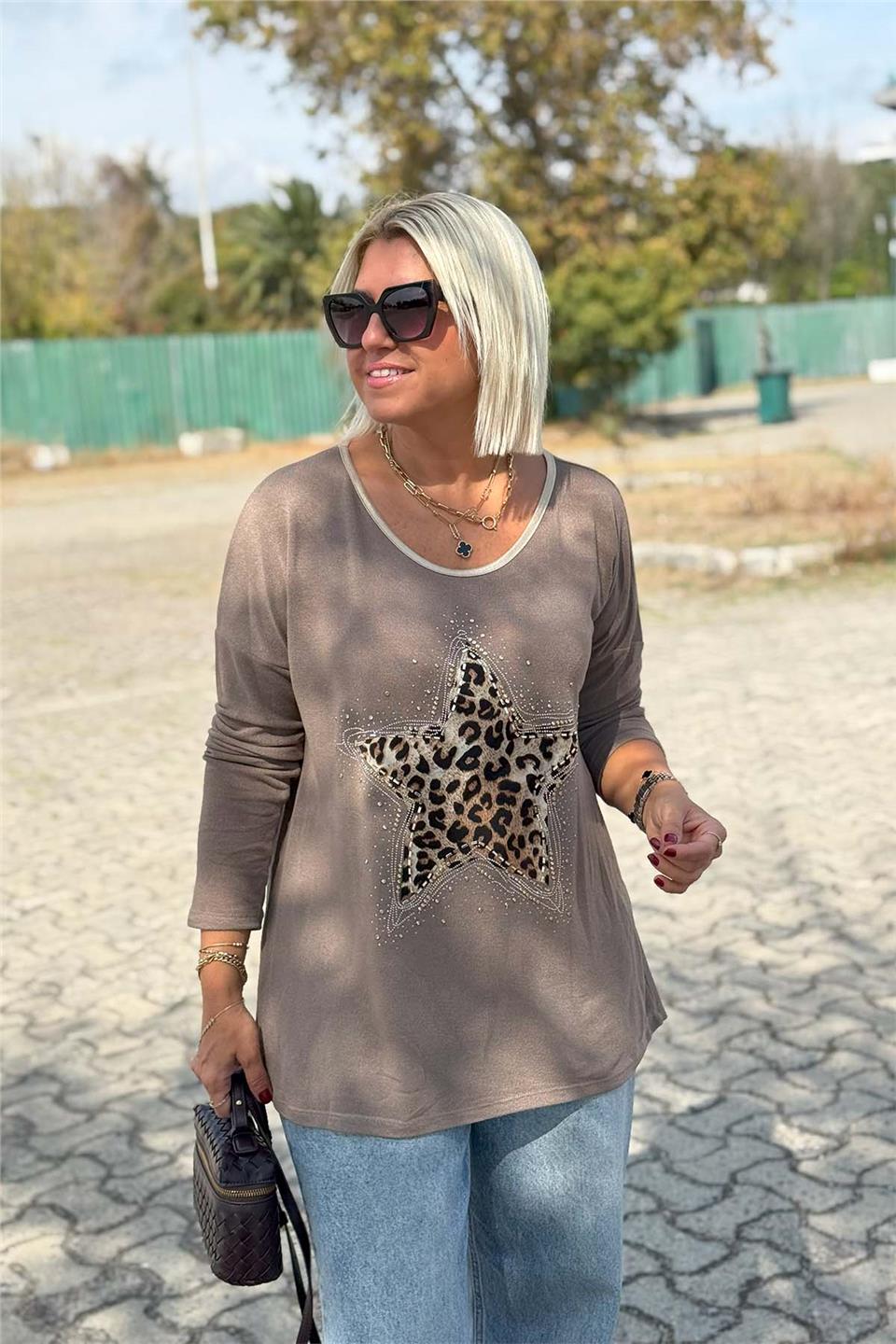 Vizon Yıldız Baskılı İthal Pamuk BluzUBL2412247-VIZON-STD