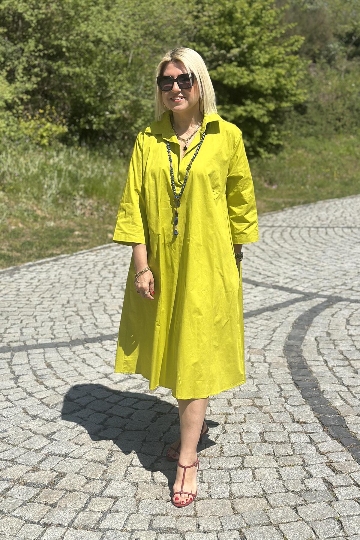 Yağ Yeşili Polo Yaka Salaş Cotton Çift Cepli ElbiseELB2401230-YAGYESILI-S
