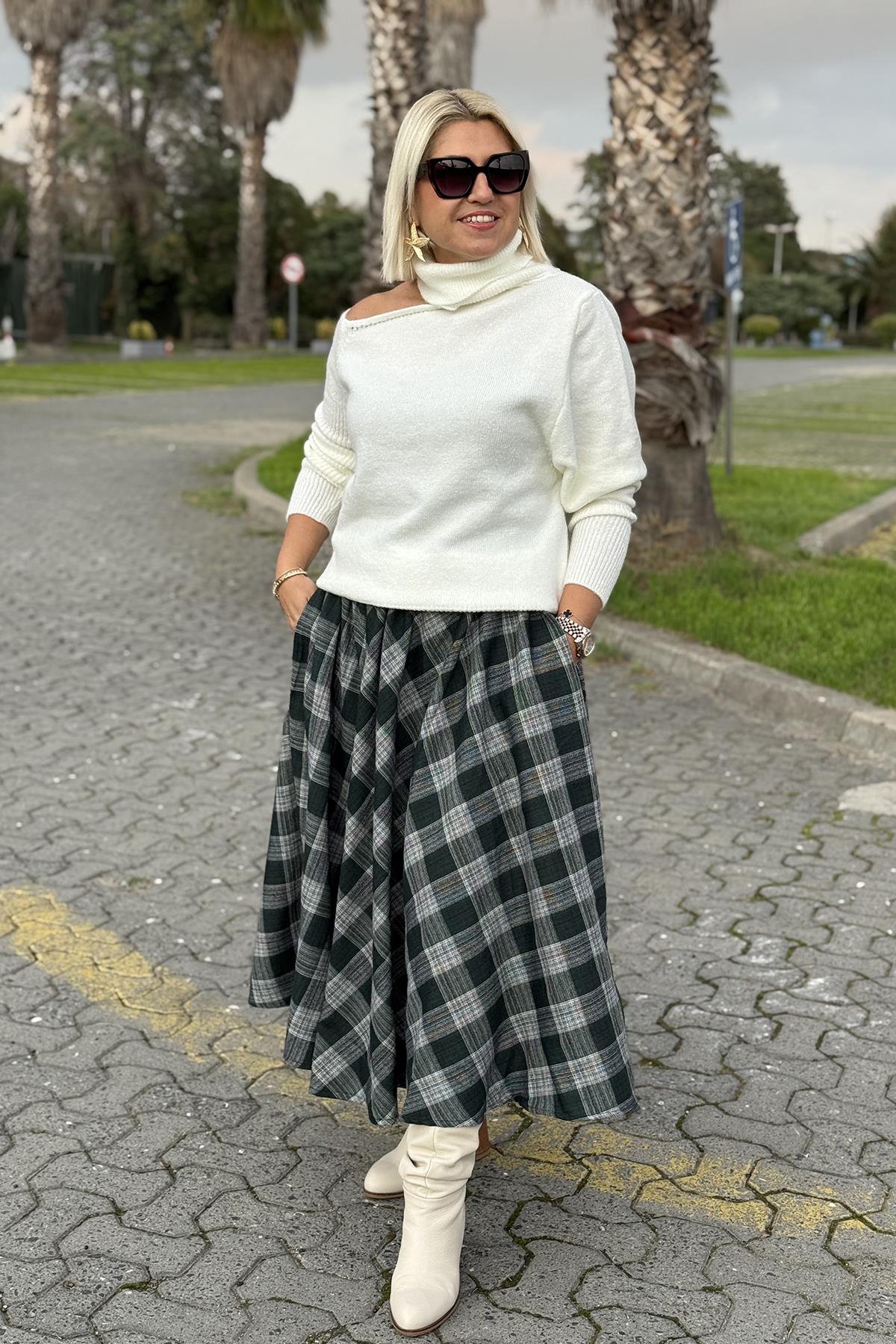Yeşil Beli Lastikli Ekose Desen Cepli Kloş EtekAETK2500130-YESIL-S