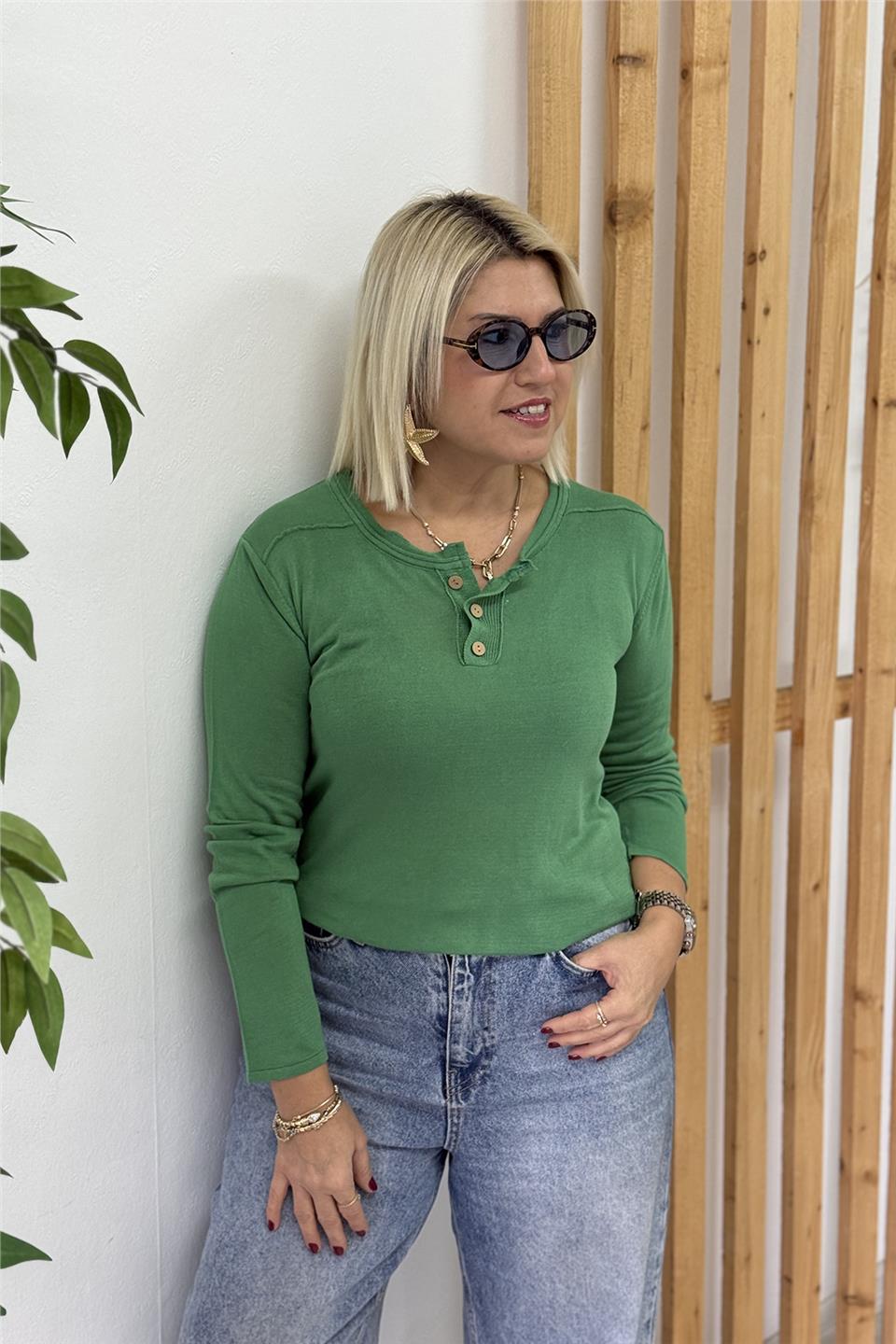 Yeşil Bisiklet Yaka Düğmeli Basic İnce TrikoUT24111038-YESIL-STD