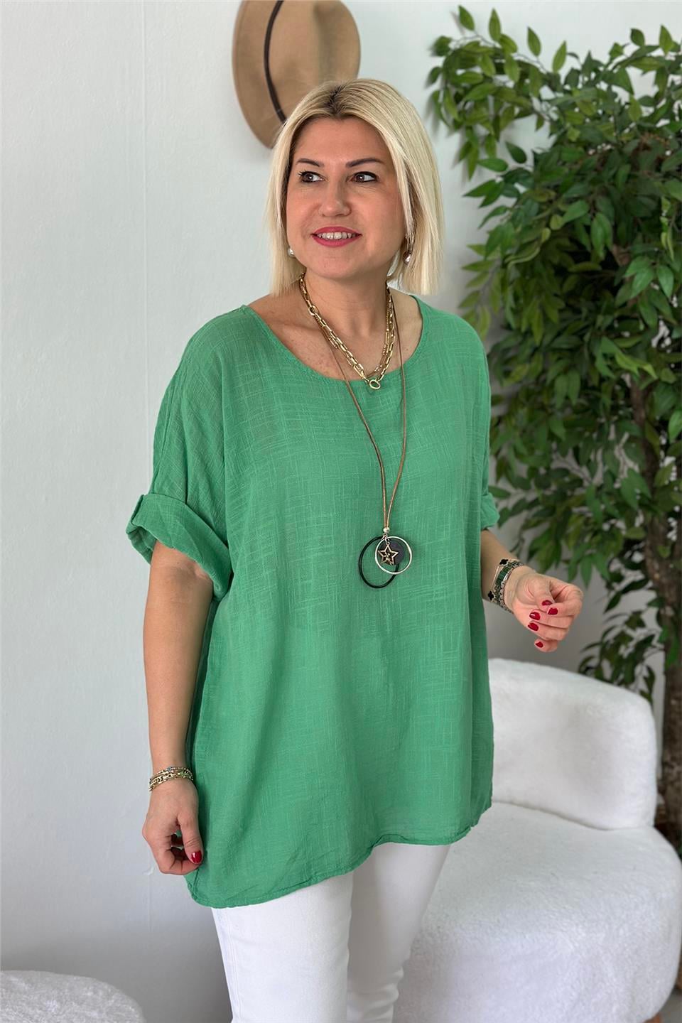 Yeşil Bisiklet Yaka Kolyeli Keten BluzUBL2412236-YESIL-STD