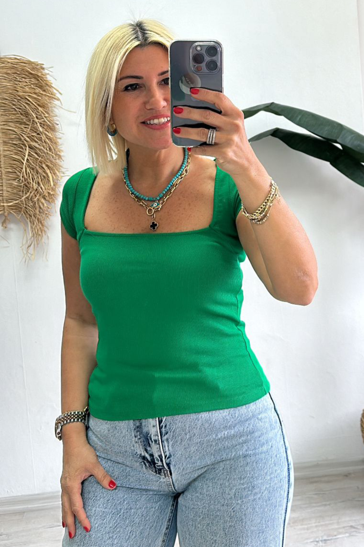 Yeşil Kare Yaka İnce Fitilli BodysuitUK227031-Yeşil