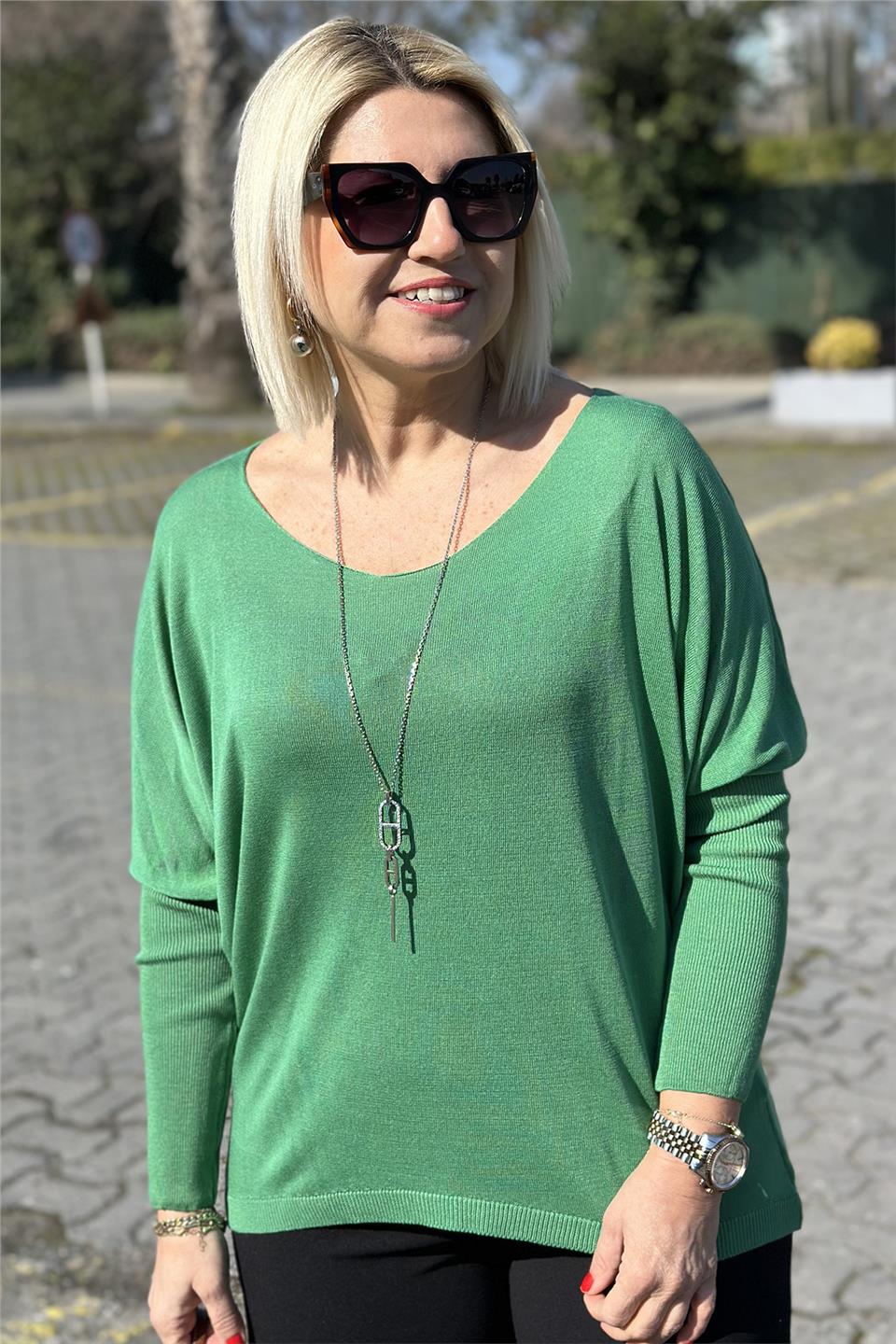 Yeşil Kayık Yaka Yarasa Kol İnce TrikoUT24110975-YESIL-STD