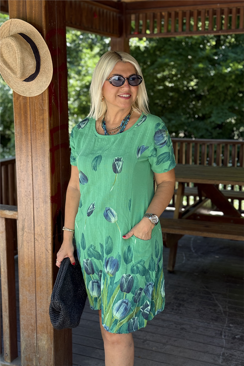 Yeşil Lale Desen Cepli Pamuk ElbiseELB26001075-YESIL-STD