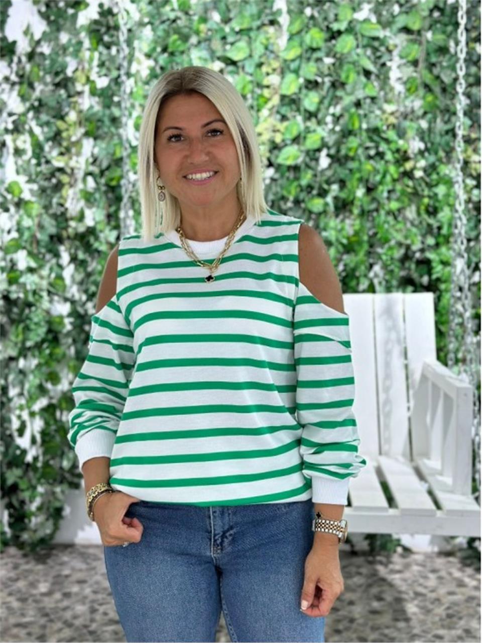 Yeşil Omuz Detay Çizgili Sweatshirt UK225074-Yeşil