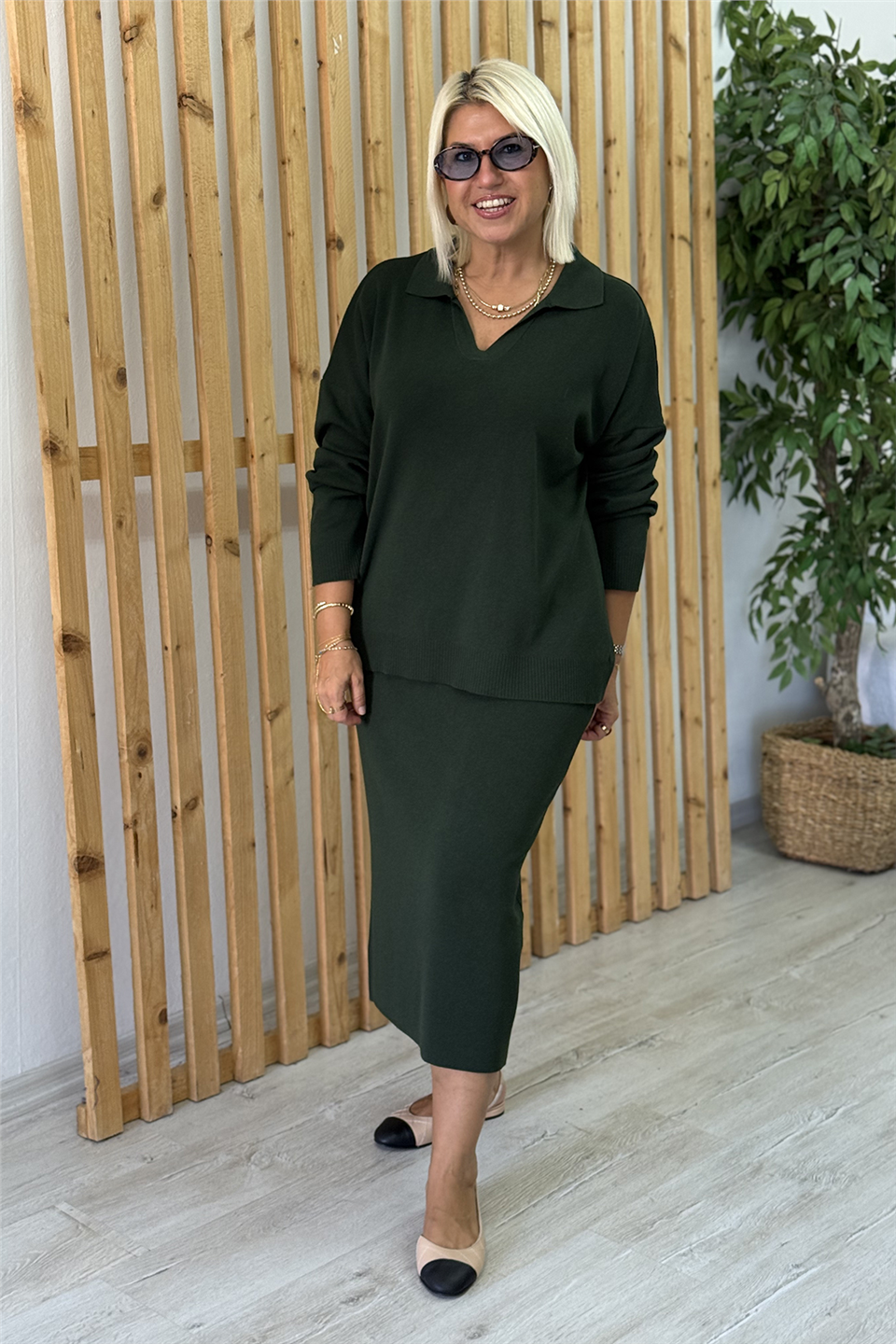 Yeşil Polo Yaka Kalem Etekli Triko İkili TakımUTK25012026-YESIL-STD