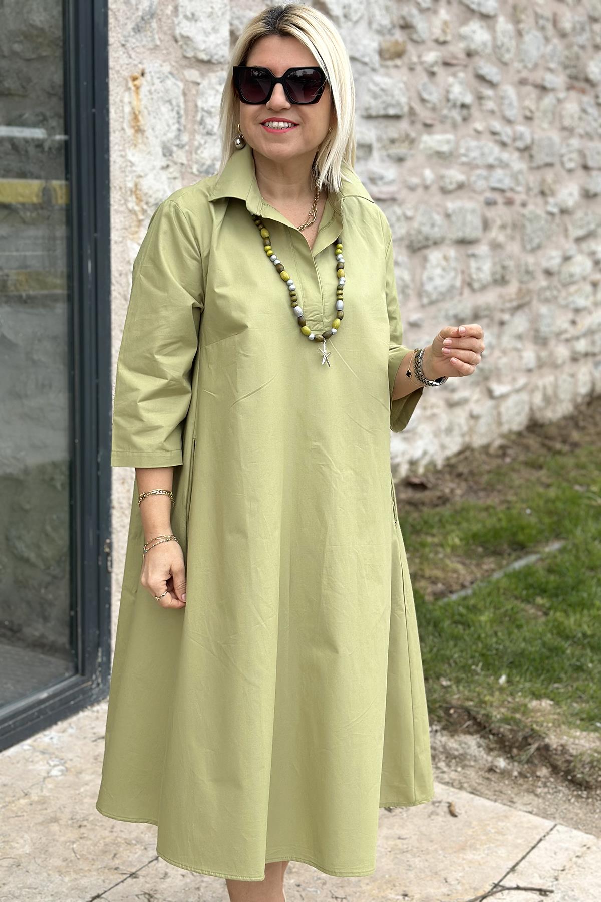 Yeşil Polo Yaka Salaş Cotton Çift Cepli ElbiseELB2401230-YESIL-S