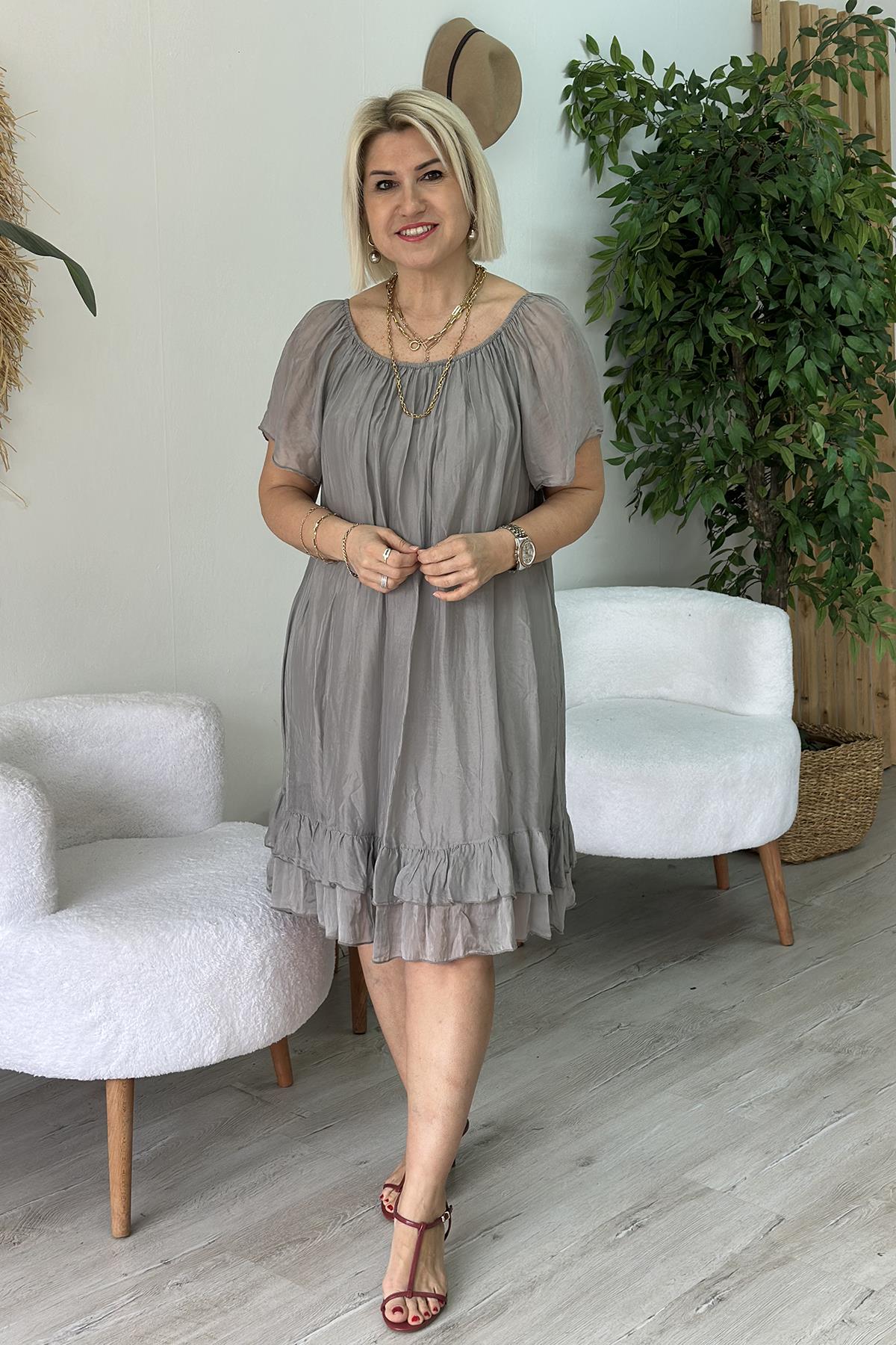 Yeşil Yaka Lastikli Astarlı İpek Şifon ElbiseELB2401233-YESIL-STD