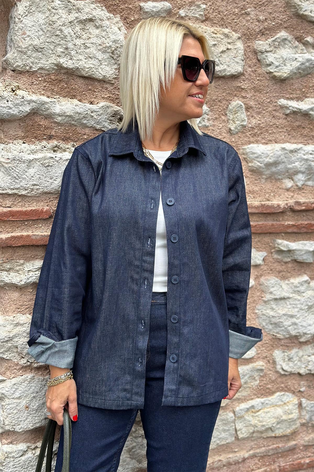 Yırtmaçlı Denim GömlekUK2240177-LACIVERT-S