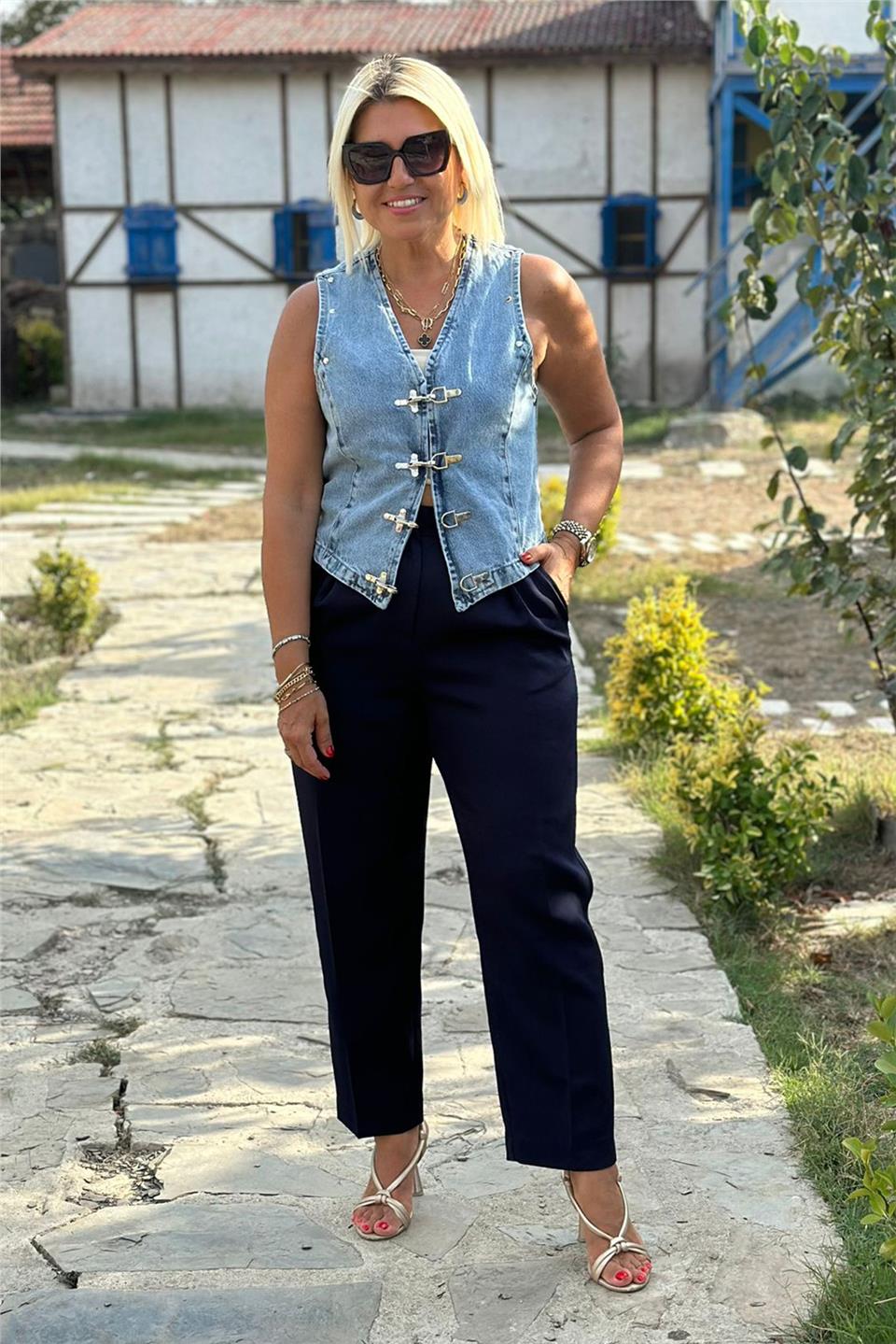 Yüksek Bel Pileli Pantolon AK224051-LACIVERT-S