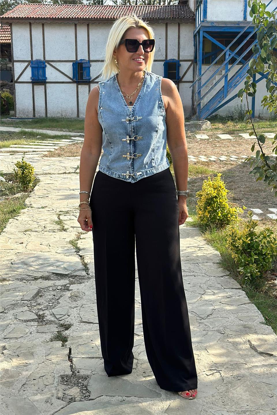 Yüksek Bel Yandan Fermuarlı Bol Paça PantolonAK224050-SIYAH-XS