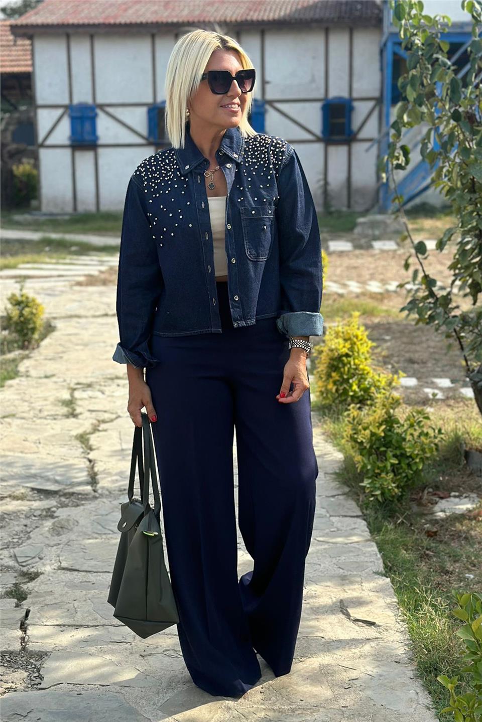 Yüksek Bel Yandan Fermuarlı Bol Paça PantolonAK224050-LACIVERT-XS