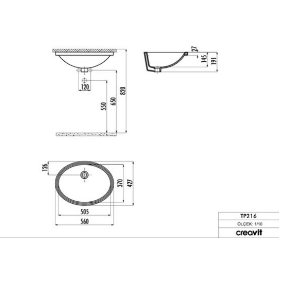Creavit TP216 Tezgah Altı Oval Lavabo 37X51 cm Beyaz