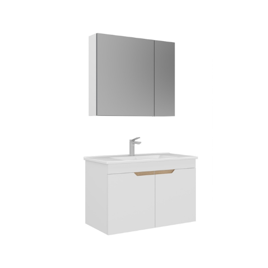Orka Lena 85 cm Ayna Dolaplı Kapaklı Banyo Dolabı Takımı Mat Beyaz