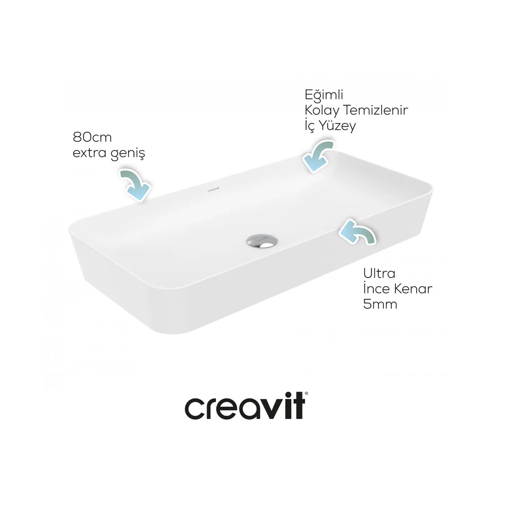 CREAVİT UL080 Ultra Tezgah Üstü Lavabo Beyaz 80 cm