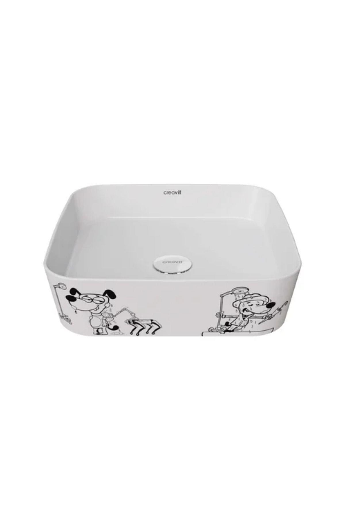 CREAVİT LP040 Kare Çanak Lavabo 40 cm Karikatür Desen Uygulamalı