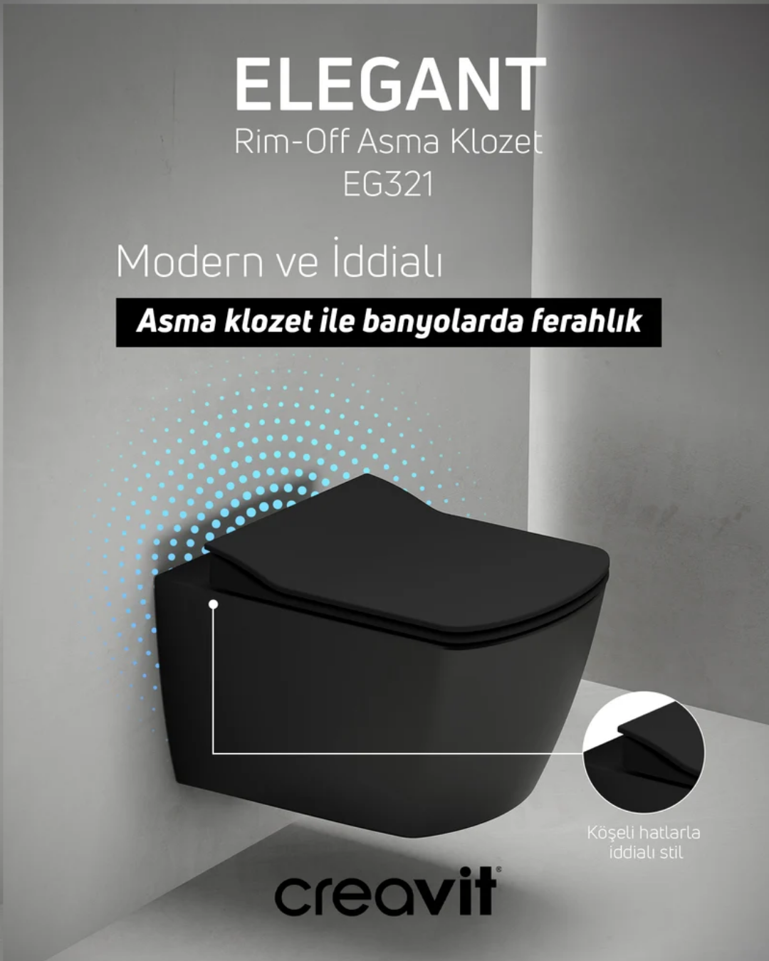 Creavit Elegant Rim-Off Duroplast Yavaş Kapanan Klozet Kapaklı Kömür Karası Set EG321-34KK