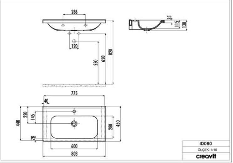 Creavit ID080 İdeal Dolap Uyumlu Lavabo 45X80 cm Beyaz