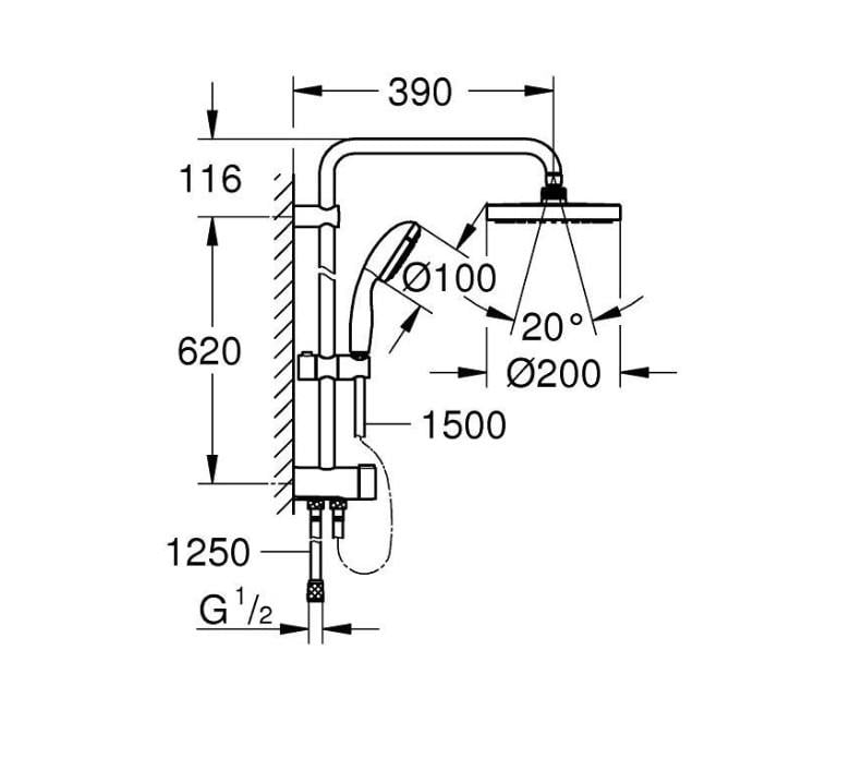 Grohe 23605000_27389002 BauEdge Banyo Bataryası ve New Tempesta Sistem 200 Duş Sistemi