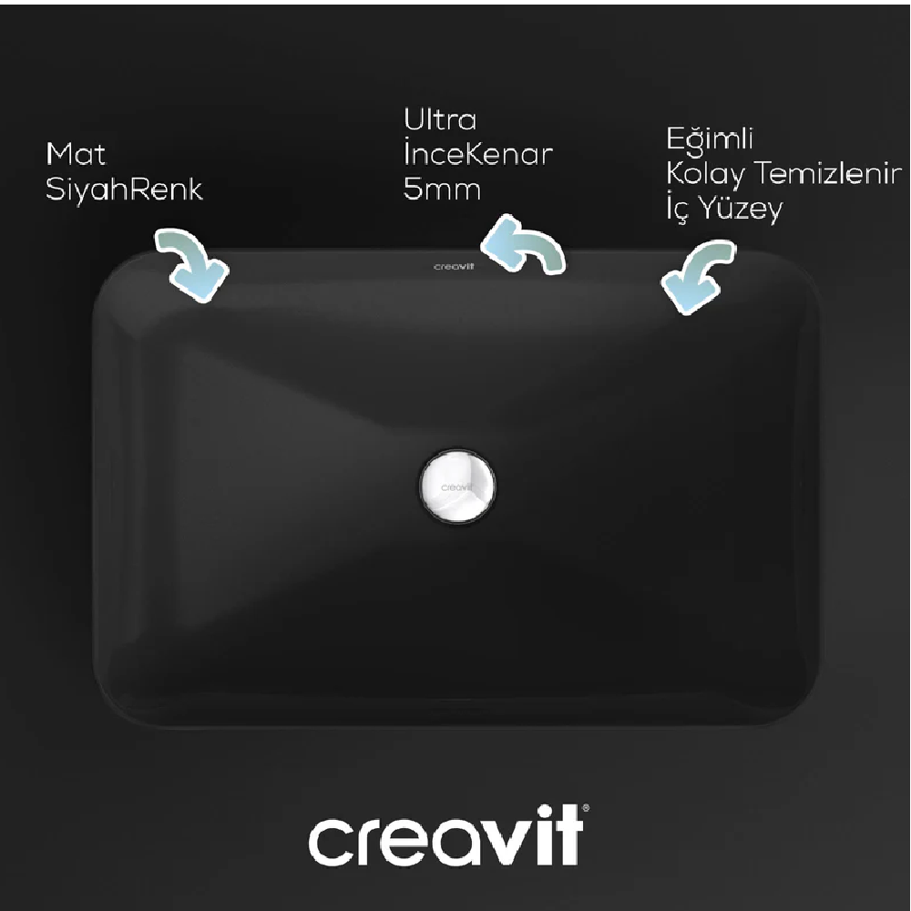 CREAVİT UL060-00SM Ultra Tezgah Üstü 40X60 cm Mat Siyah Lavabo