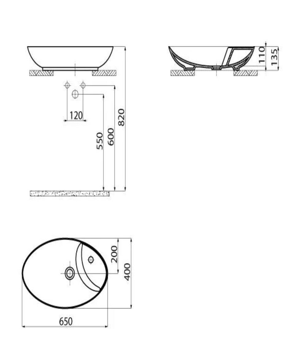 Creavit PR065 -00CB00E-0000 Petra Oval Asimetrik Tezgah Üzeri Lavabo 40x65cm