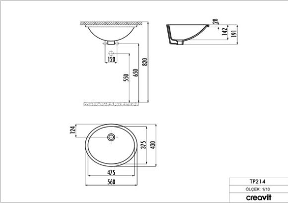 Creavit TP214 Tezgah Altı Oval Lavabo 37X47 cm Beyaz