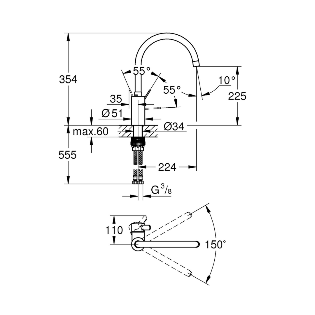Grohe Eviye Bataryası Döner Borulu Eurosmart Cosmo Krom 32843002